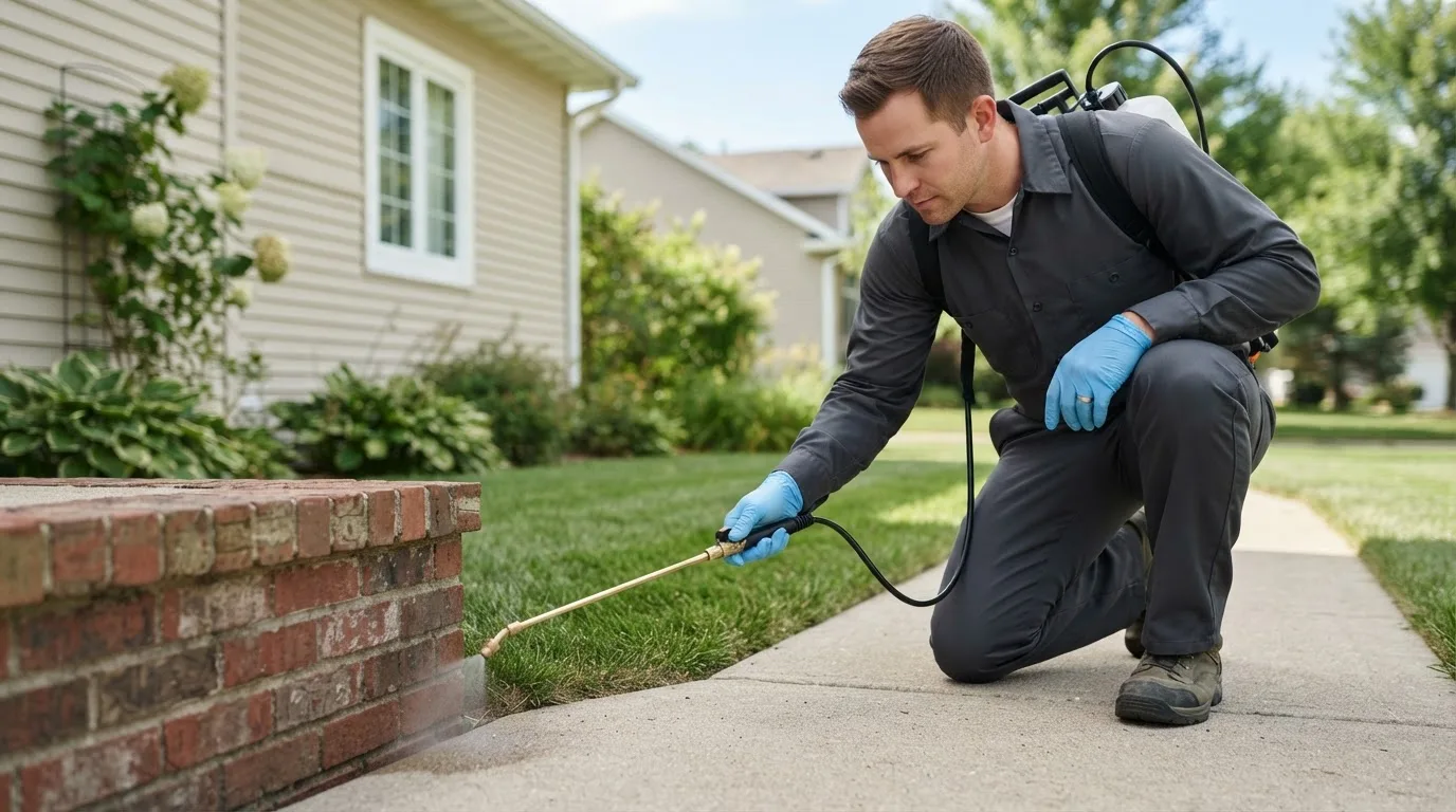 Pest control technician treating a home near Joy, IL