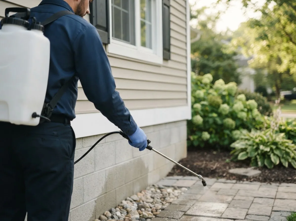 Pest control technician inspecting a home in Joy, IL